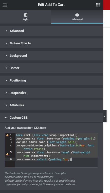Custom CSS field in Elementor's Advanced tab with the fix code pasted in
