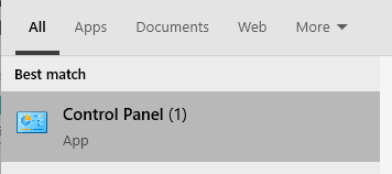 Windows Start menu search results showing the Control Panel desktop app