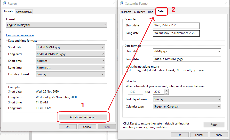 Customize Format window with the Date tab open, showing the short date format field