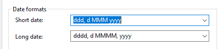 Short date format field set to ddd, d MMM yyyy