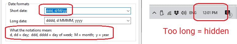 Windows taskbar clock previewing the new short date format with the day of the week added