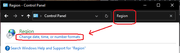 Control Panel search results for Region, showing the Change date, time, or number formats link