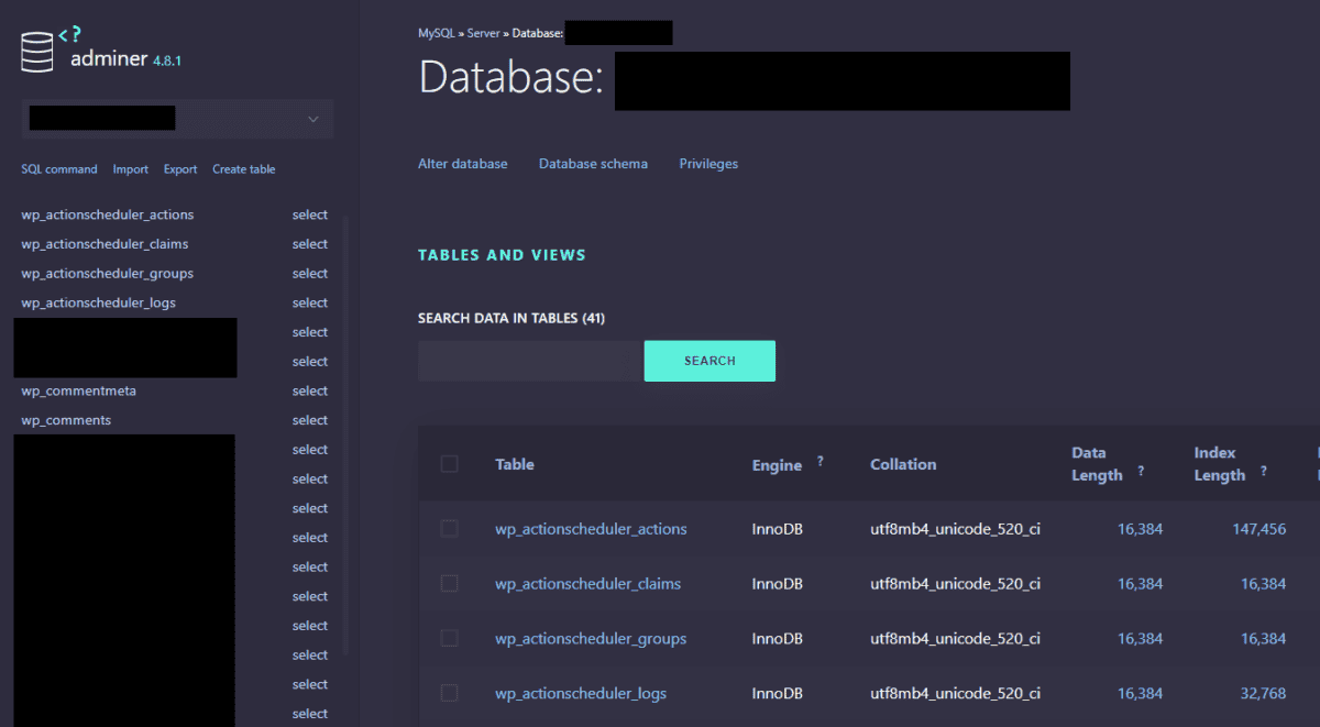 Adminer connected to a WordPress database, showing the list of tables
