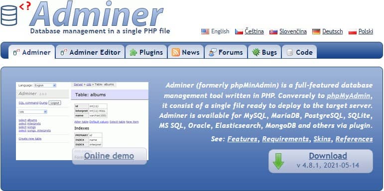 Adminer's download page, offering the single-file download