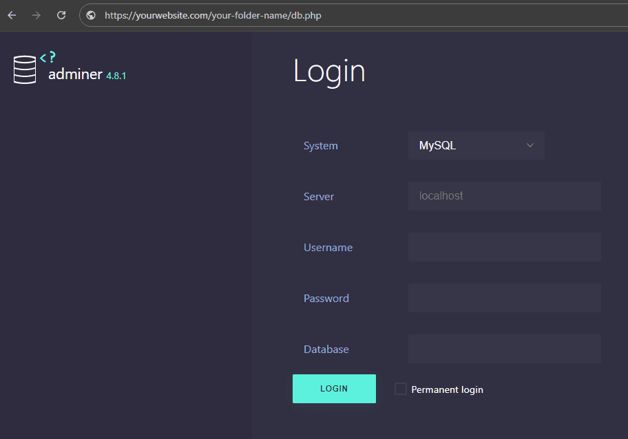 Adminer login screen asking for System, Server, Username, Password and Database