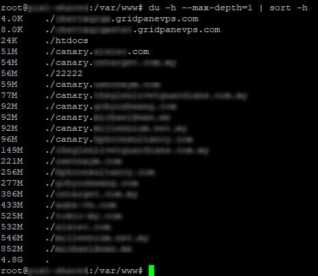 Terminal output of du -h --max-depth=1 | sort -h listing folder sizes under /var/www, sorted largest at the bottom