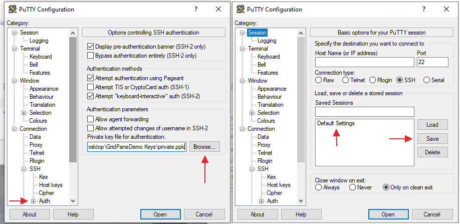 Putty's Auth screen with the private key file loaded, ready to connect