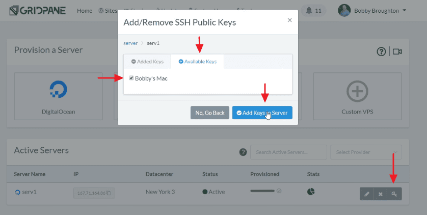 GridPane server screen with the key icon used to push an SSH key to the server