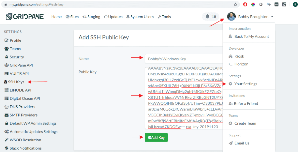 GridPane's Add SSH Public Key screen under Your Settings, SSH Keys