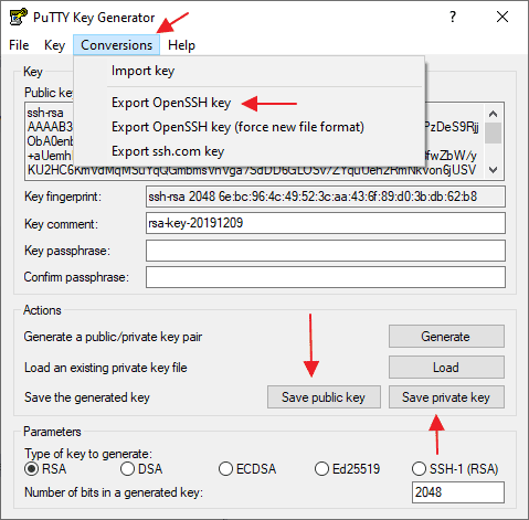 Puttygen after generating a public/private SSH key pair, showing the public key text box