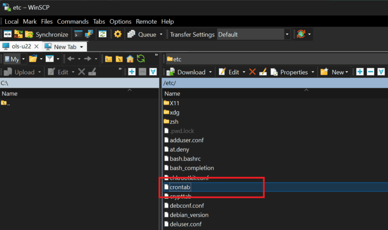 The /etc/crontab file open in WinSCP's built-in text editor
