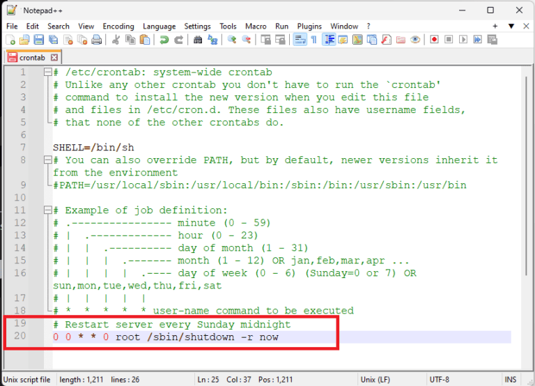 Crontab line scheduling a weekly server restart at midnight on Sunday