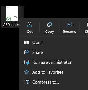 Right-click context menu on CRD-on.bat with Run as administrator listed among the options
