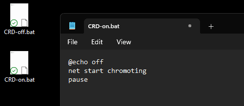 CRD-on.bat and CRD-off.bat files on the desktop, with CRD-on.bat open in Notepad showing the @echo off, net start chromoting, pause script