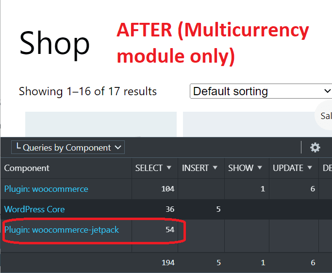 Query count on the frontend Shop page with only the Multicurrency module activated
