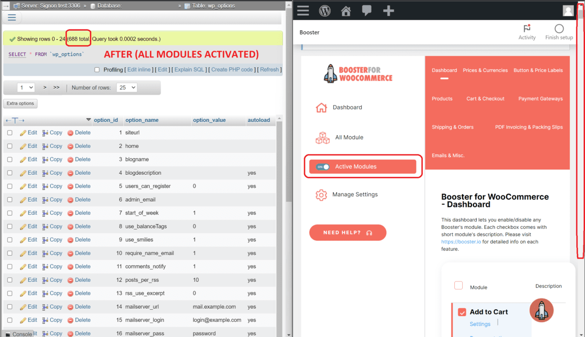 wp_options table with every Booster for WooCommerce module activated, now long enough to need a scrollbar