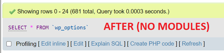 wp_options table after installing Booster for WooCommerce with no modules activated, showing barely any increase