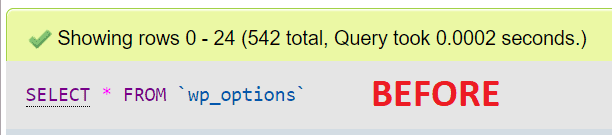 wp_options table row count and size on a fresh WordPress and WooCommerce install, before Booster for WooCommerce is installed
