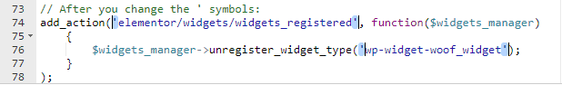 Same functions.php code with straight quotes, now correctly highlighted as strings in the editor