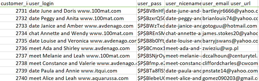 Table of WordPress user accounts from a spam wave, with usernames like 'date June and Doris' and 'chat Annette and Wendy' each pointing to a suspicious external site