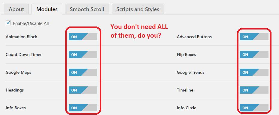 Ultimate Addons Modules screen, listing all available VC modules with toggles to enable or disable each one