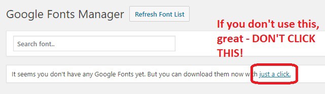 Ultimate Addons Google Fonts Manager screen with an empty font list