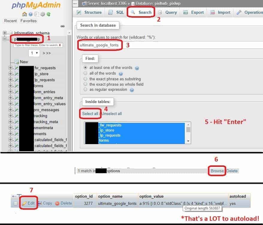 phpMyAdmin search results for ultimate_google_fonts in the wp_options table
