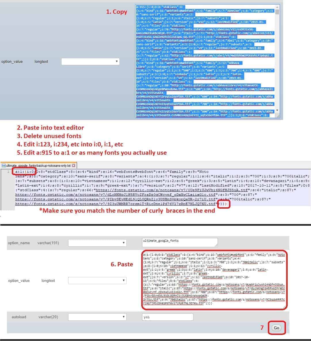 Editing the ultimate_google_fonts serialized option value directly in phpMyAdmin
