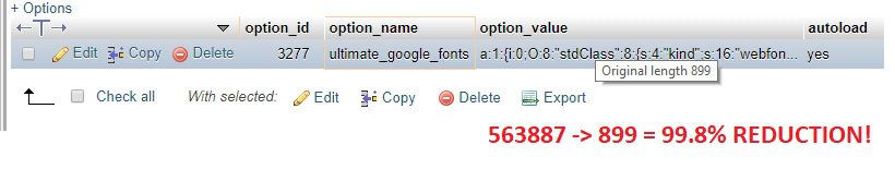 wp_options autoload size after trimming ultimate_google_fonts down to the fonts actually in use